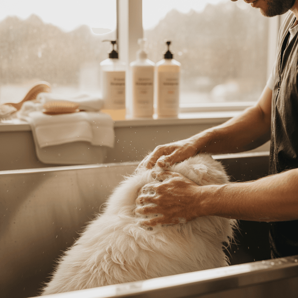 Groomer giving specialized bath to white dog