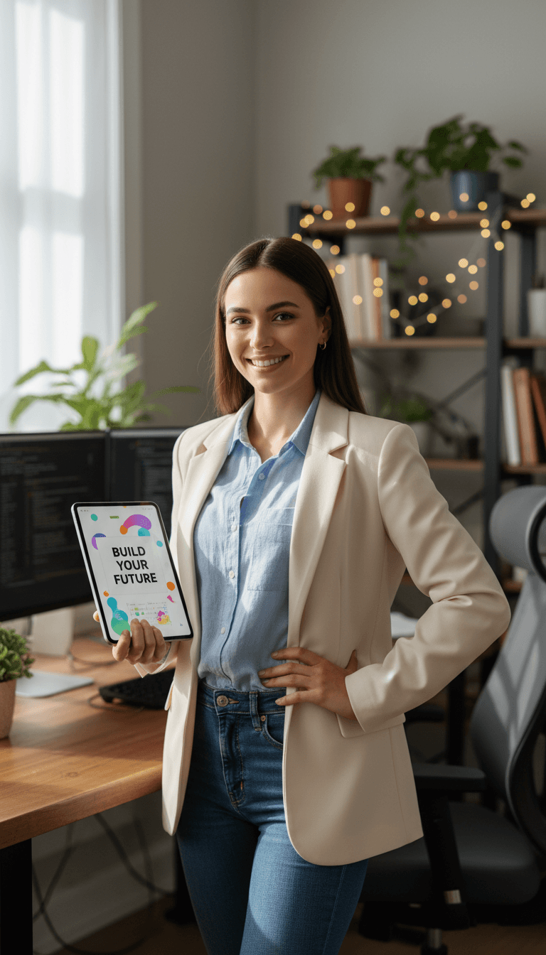 Young female developer smiling confidently while holding tablet in bright home office with natural light